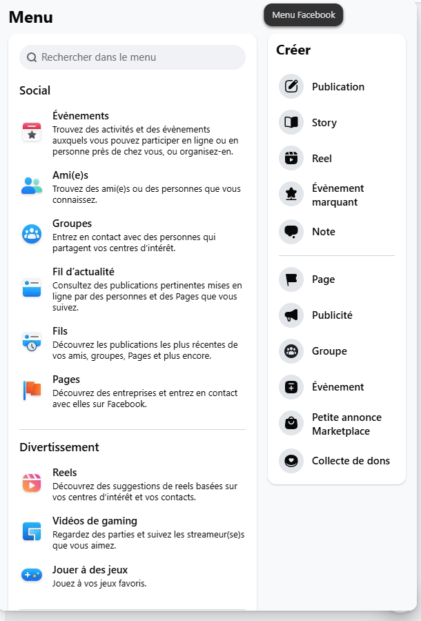 Le menu Facebook (en haut à droite) → colonne « Créer » → Page (interface 2026)